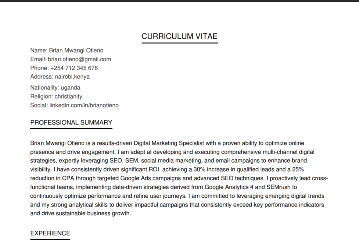 Digital Marketing Resume Sample for Kenyan Professionals