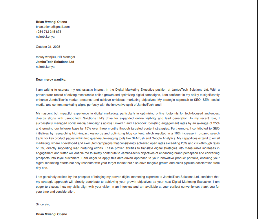 Cover Letter Sample for Digital Marketing Executive (Kenyan Edition)